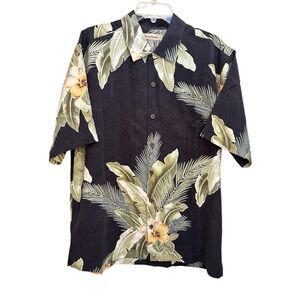 Tommy Bahama Shirt Mens Large Black Silk Tropical Hibiscus Floral Hawaiian S/S